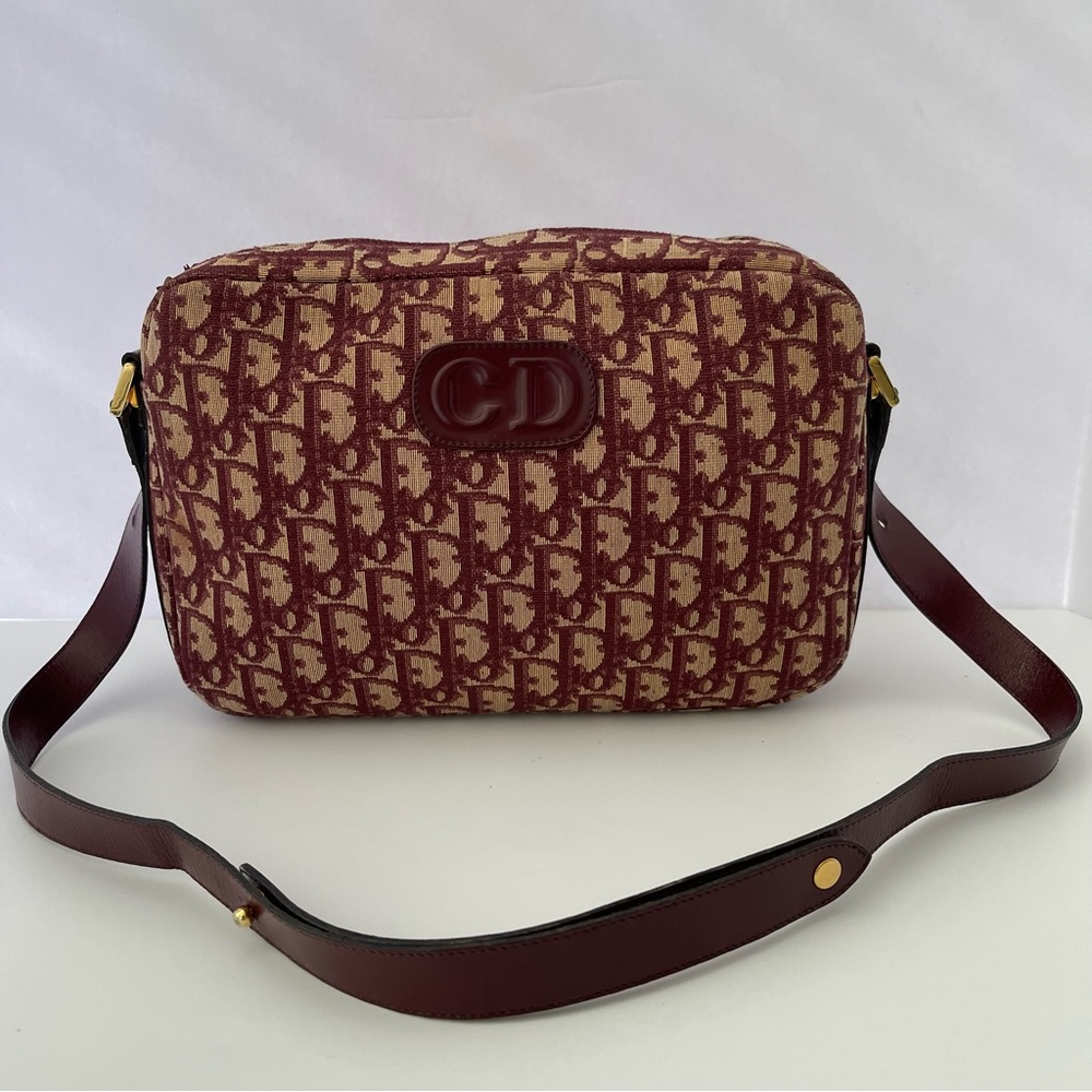 Christian Dior 70s 80s Vintage Trotter Monogram Shoulder Bag Crossbody Burgundy